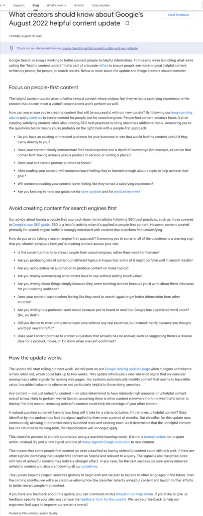Google's direct announcement on its website about the Helpful Content Update