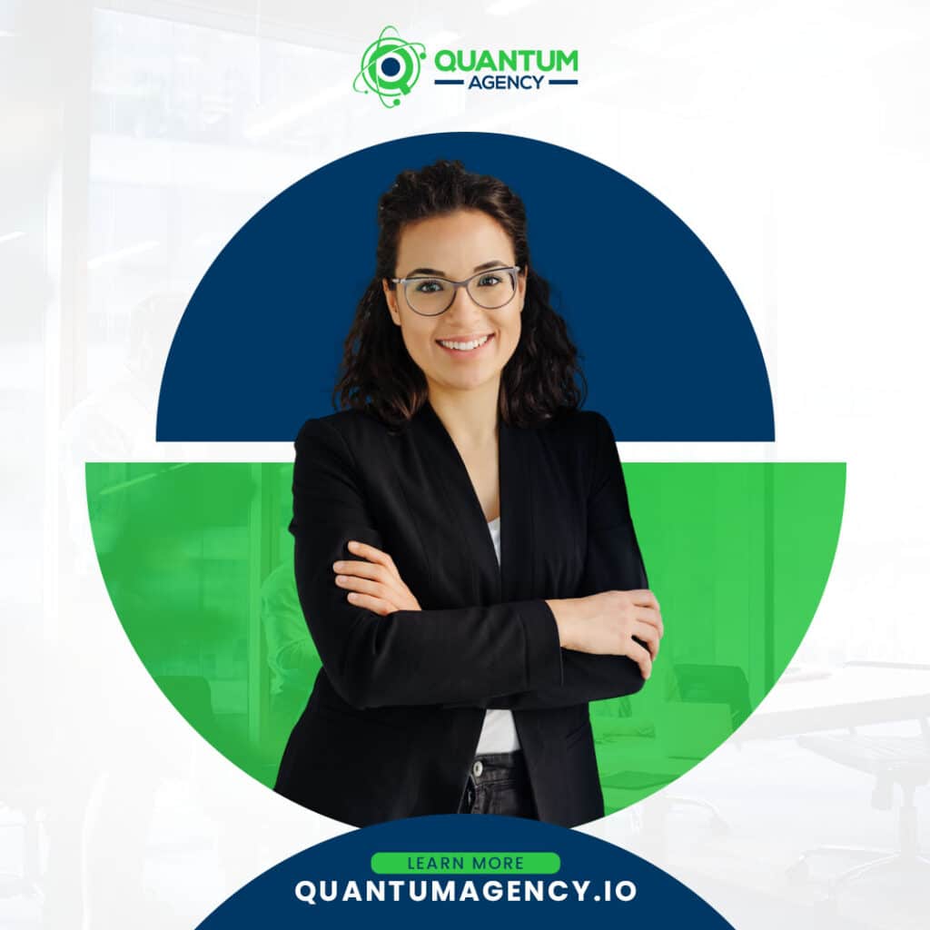 Persona-Driven AEO Content Strategy: Why Search Intent Classification No Longer Delivers LLM Visibility in 2026 2 Promotional PR graphic for Quantum Agency showing a smiling businesswoman with glasses and curly hair standing with arms crossed. The central image is isolated inside a split blue and green circle against a faint office background. Includes the Quantum Agency logo and a website link for quantumagency.io at the bottom.