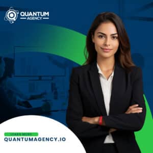 Corporate branding graphic from Quantum Agency showing a smiling businesswoman in a black blazer standing with arms crossed. The background features a darkened, blue-toned office setting where a team is holding a meeting around a table with a presentation screen. A green button at the bottom reads "Learn More quantumagency.io".