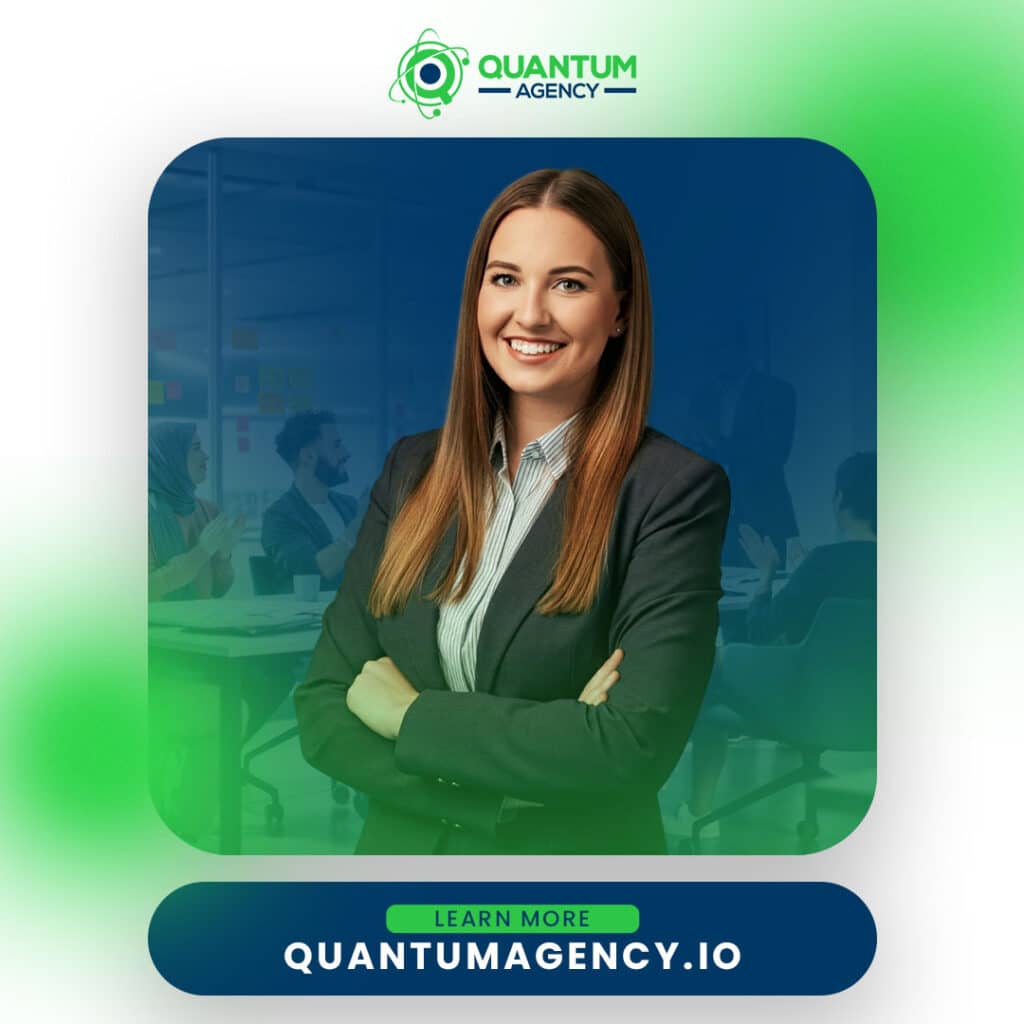 Persona-Driven AEO Content Strategy: Why Search Intent Classification No Longer Delivers LLM Visibility in 2026 1 Corporate branding graphic from Quantum Agency featuring a smiling young businesswoman in a grey blazer standing with arms crossed. The translucent background shows a diverse team collaborating in a modern office meeting room. Features a dark blue button at the bottom with the call to action "Learn More quantumagency.io".